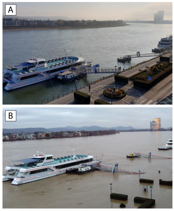 Fotografie eines Flusses bei Hochwasser und Normalwasser